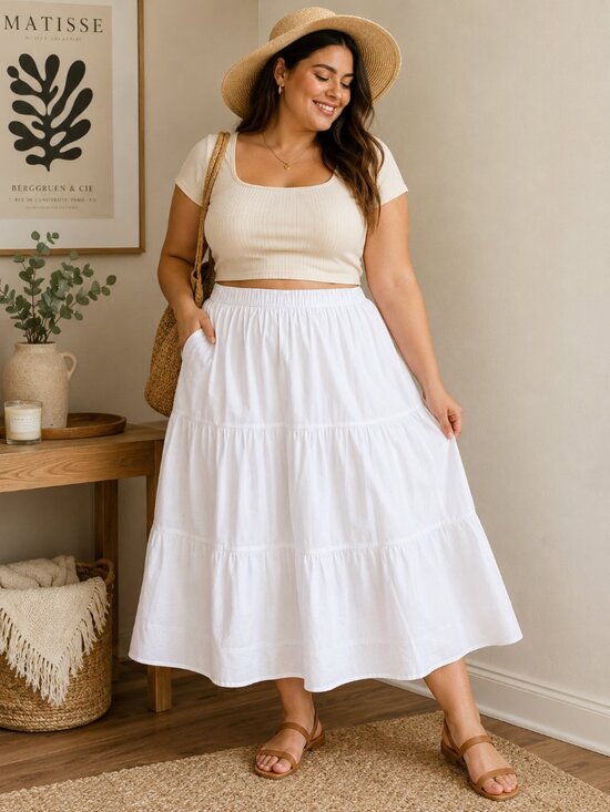 Sugarlips Dresses & Skirts - NWT Sugarlips Curve Flores White‎ Cotton Tiered Pleated Midi Skirt Pockets 2X
